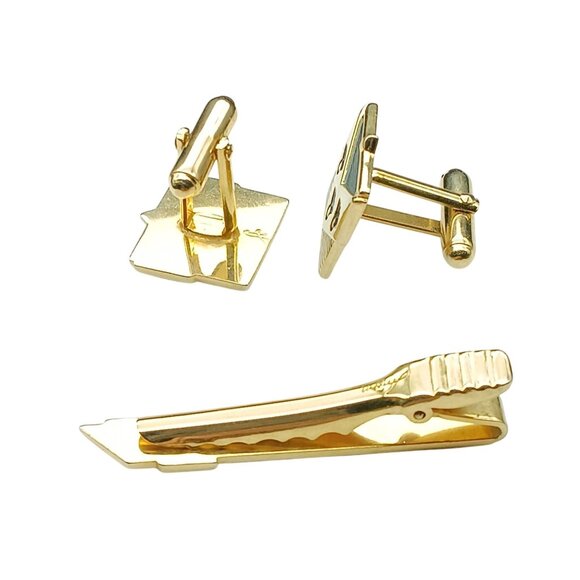 Anson Gold Tone Cufflinks & Tie Clip Set With Black Enamel Inlay - Picture 2 of 2